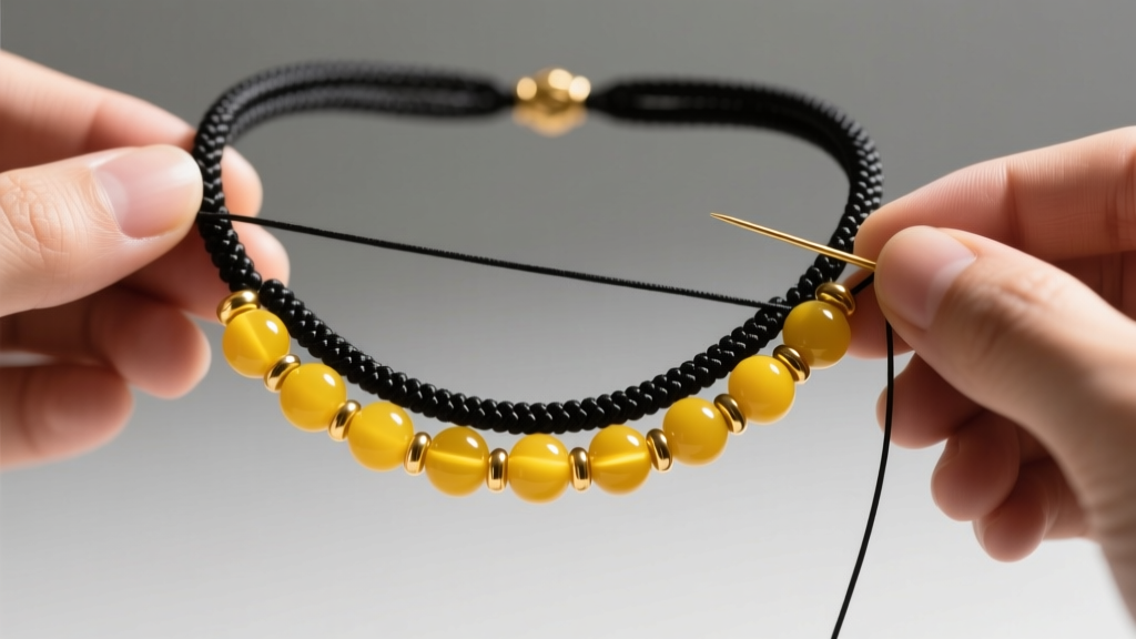 Hands threading yellow resin beads and gold spacers onto heavy-duty black nylon cord to create a continuous loop beaded necklace