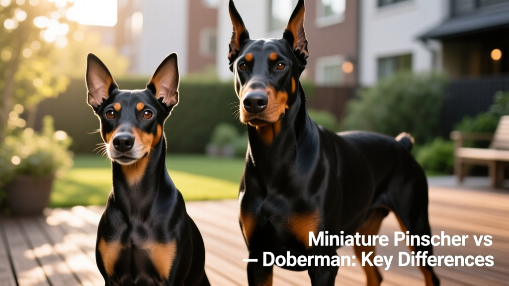 Close-up of a groomed Miniature Pinscher and Doberman side by side, showcasing glossy short coats and alert expressions