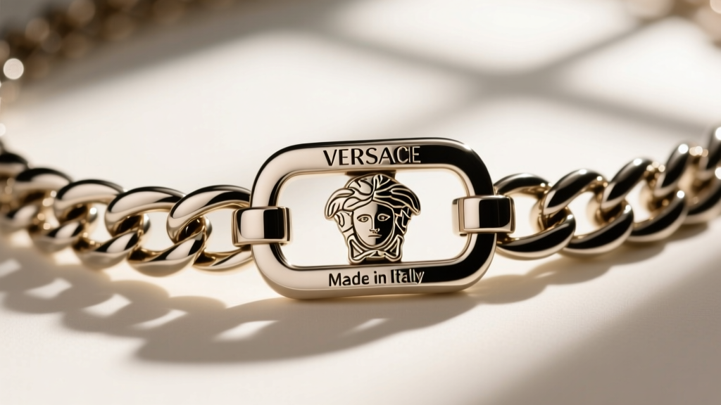 Macro shot of Versace La Greca chain clasp showing Made in Italy hallmark and branded lobster clasp against a neutral background