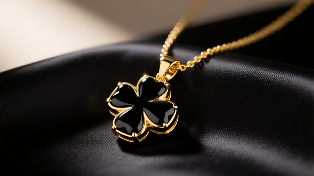 Macro shot of an 18k gold necklace with a black onyx clover pendant on dark silk fabric under soft, warm directional lighting.