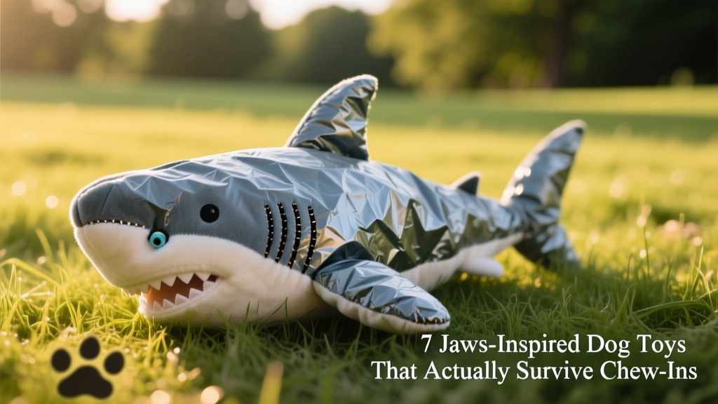 Close-up of a floppy shark plush toy with visible crinkle material and squeakers, lying on a grassy surface