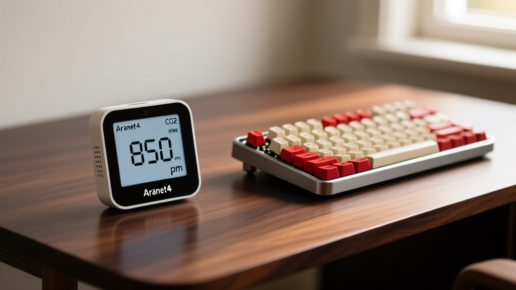 Close-up of an Aranet4 HOME CO2 monitor displaying 850 ppm on its e-ink screen sitting next to a mechanical keyboard on a dark wood desk