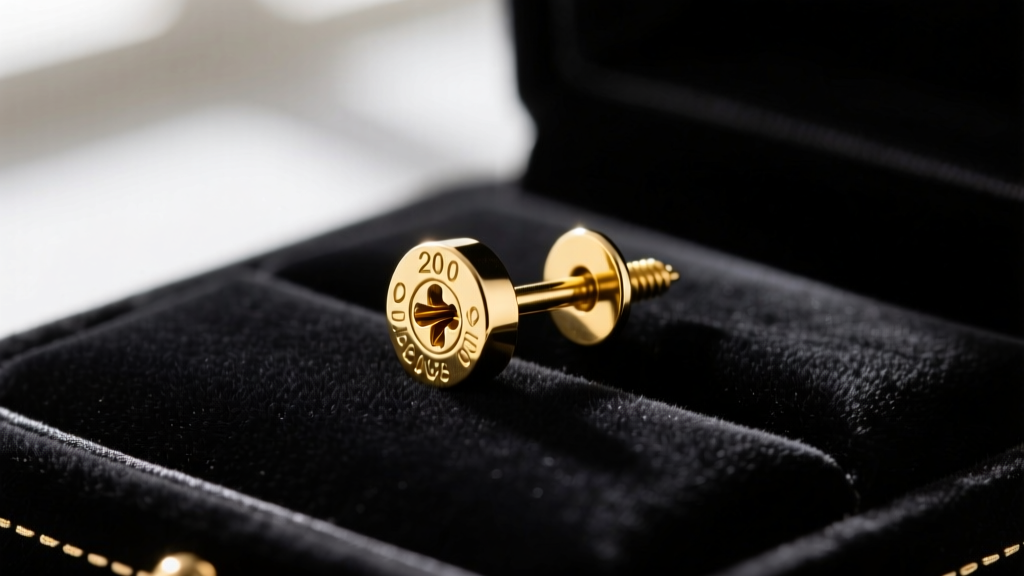 Macro photography of a 20-gauge gold earring post with a secure screw-back mechanism, placed on a dark velvet jewelry display pad