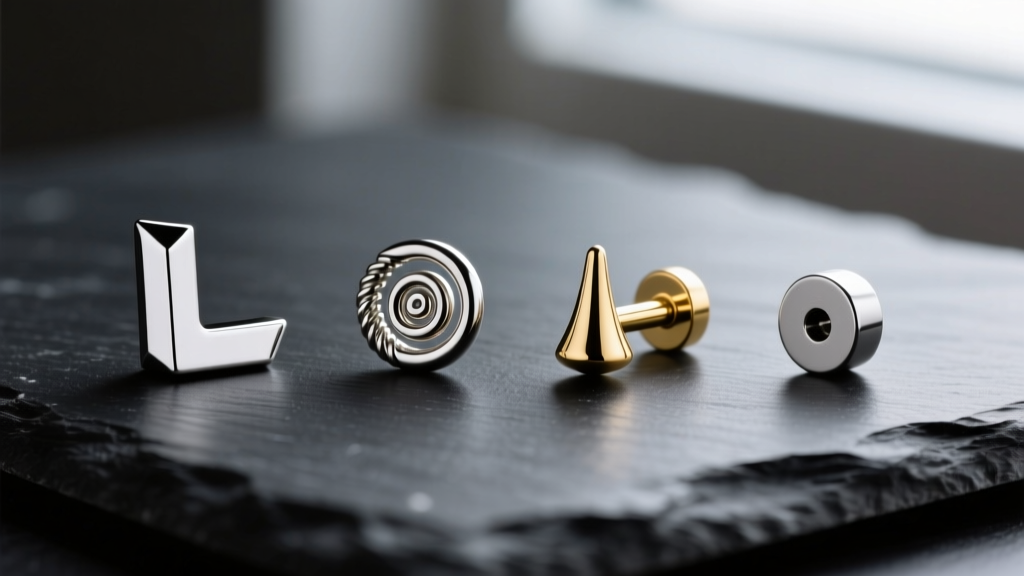 Macro photo comparing four nose stud jewelry types on black slate: an L-shape, corkscrew, nose bone, and flat back labret stud.