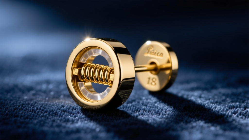 Close-up of 18k gold locking earring stopper on velvet, revealing the internal spring mechanism and highly polished metal surface.