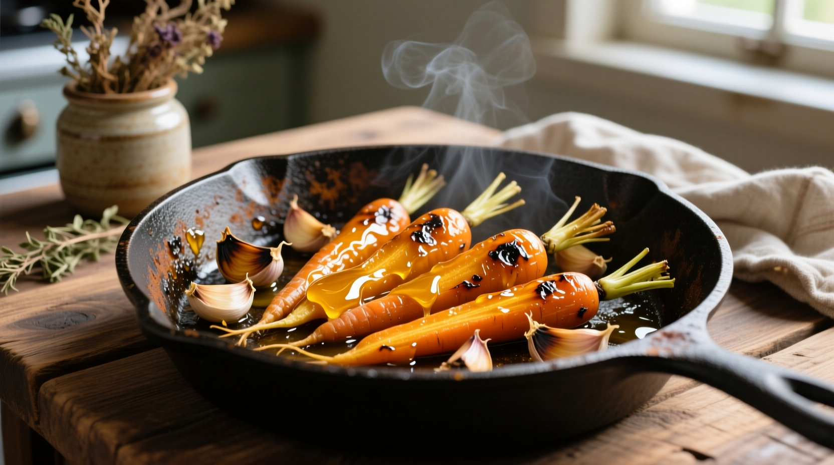 Golden roasted garlic honey carrots in cast iron skillet