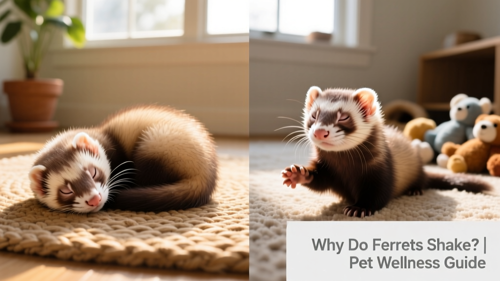 Side-by-side comparison: a relaxed ferret sleeping curled up, and the same ferret moments later, lightly trembling as it begins to stir