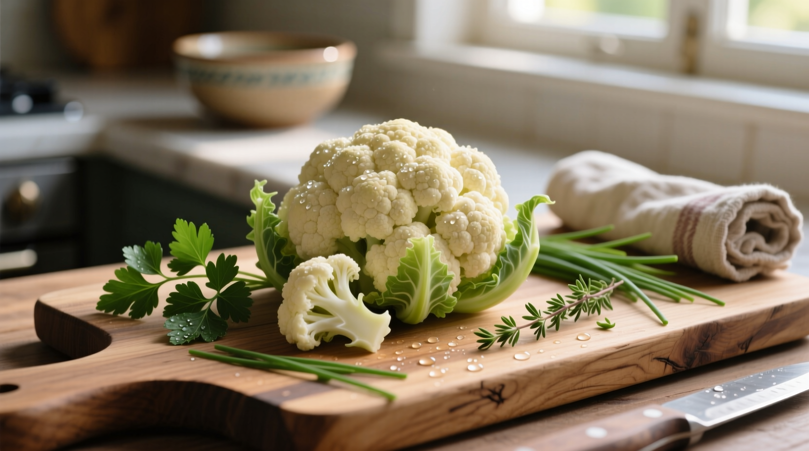 Fresh cauliflower florets on wooden cutting board with herbs