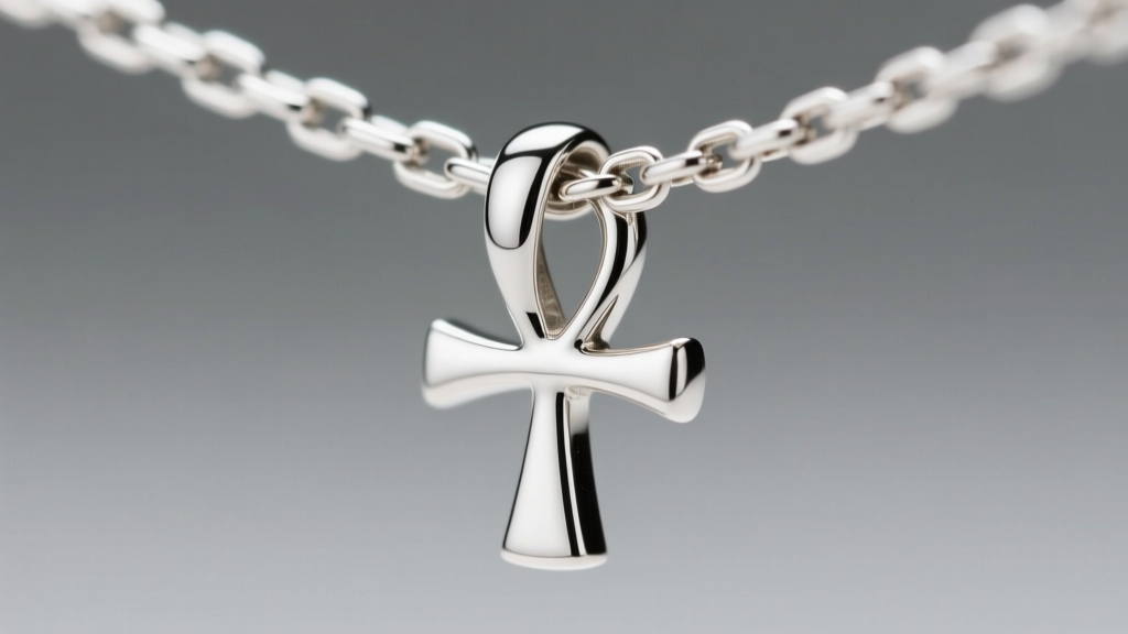 Close-up macro shot of a sterling silver ankh pendant bail threading onto a 2mm box chain, highlighting metal thickness and fit