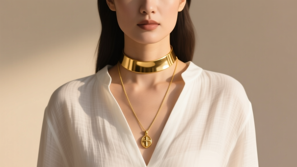 Woman wearing a gold choker and 28-inch gold scapular, showing the pendant draping across a white linen shirt in soft, warm light.