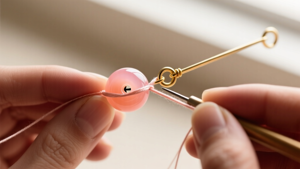Close-up of a jeweler knotting a pink coral bead with silk thread, revealing a 1mm drill hole and gold French wire clasp guard.