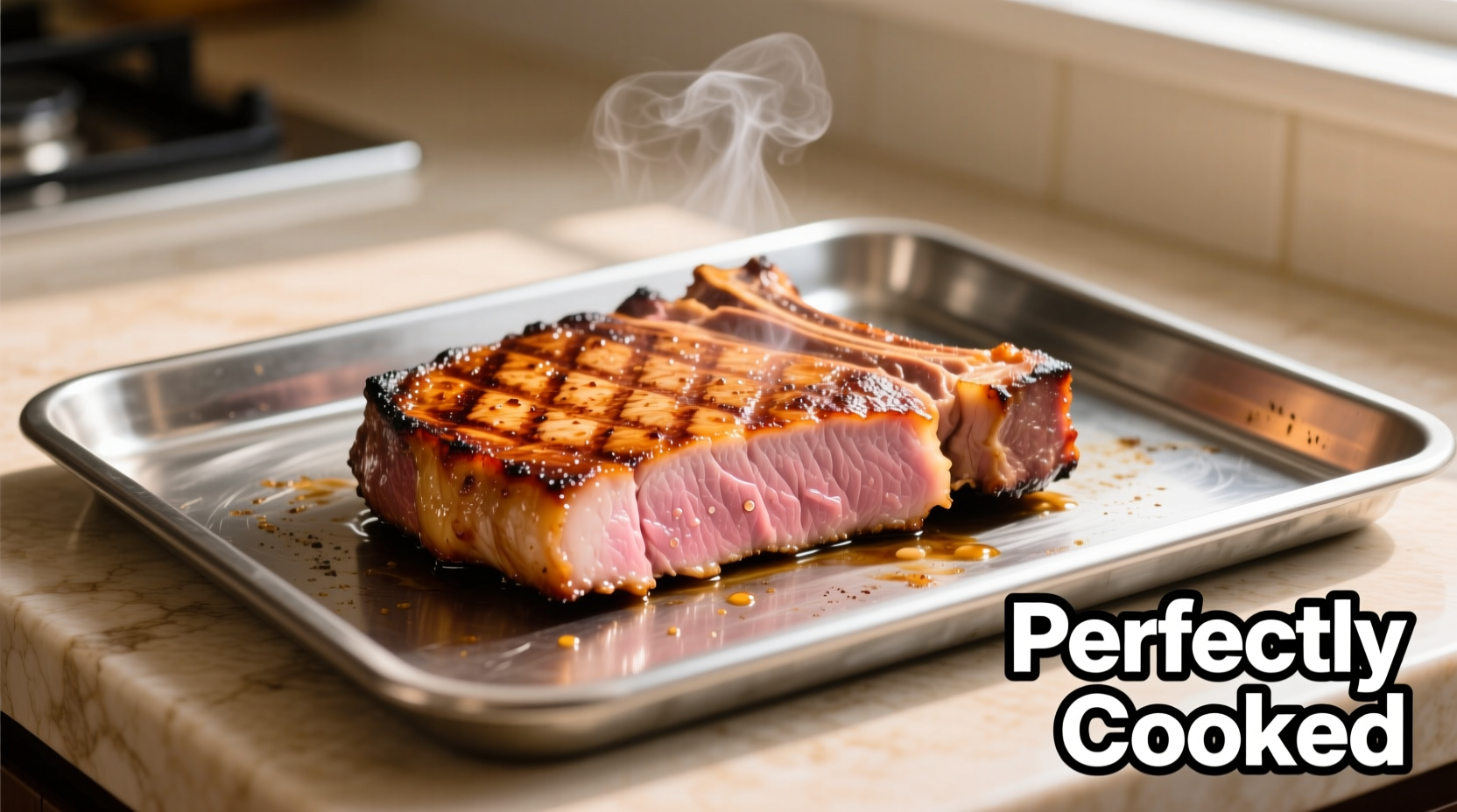 Perfectly cooked pork steaks on oven tray