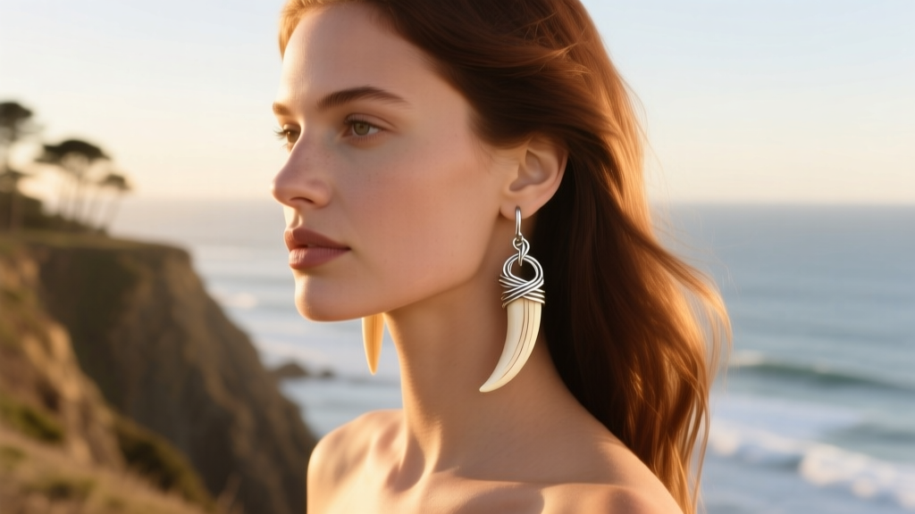 Model wearing handcrafted elk tooth drop earrings with silver wire wrap, showing natural ivory texture in golden hour light.