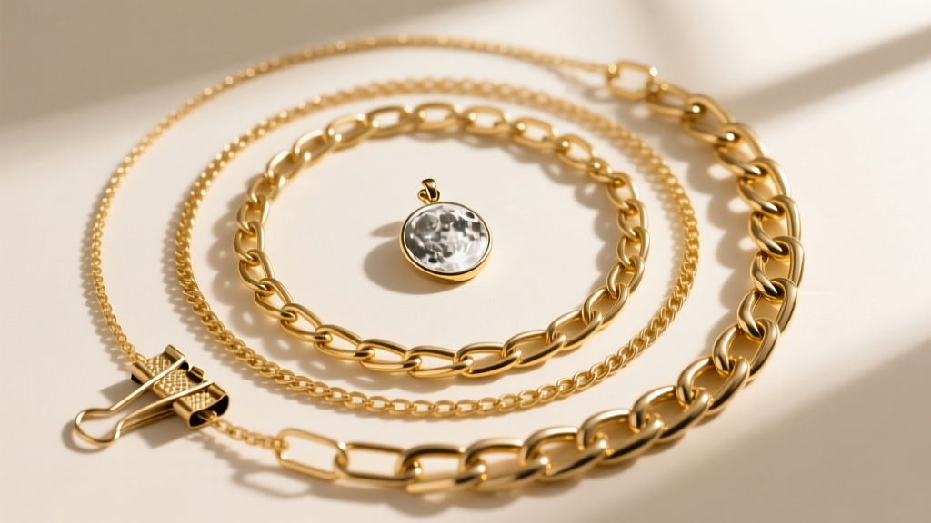 Flat lay of three layered gold chains of varying thicknesses, featuring a small full moon charm and a textured paperclip chain.