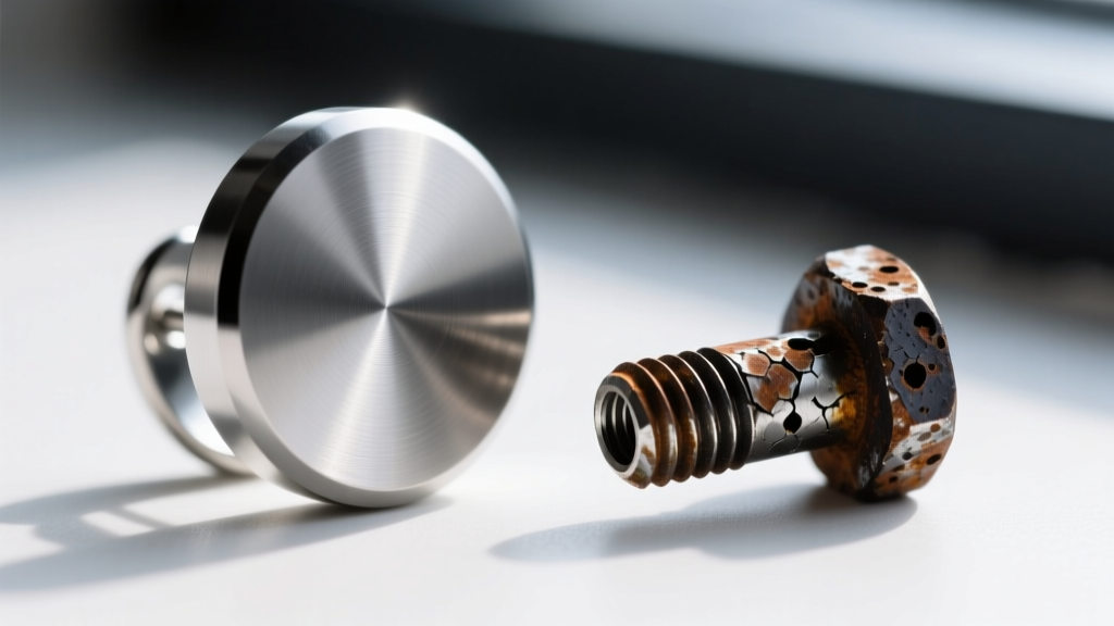 Extreme close-up of smooth ASTM F-136 titanium next to a pitted 316L steel earring post showing clear signs of nickel corrosion.