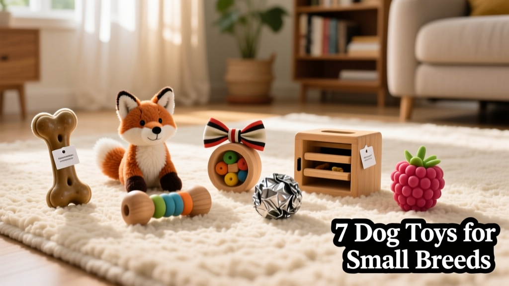 A collection of seven small-dog-friendly toys arranged on a cozy rug: bone, fox plush, bow toy, puzzle toy, ball, activity box, and raspberry-shaped toy