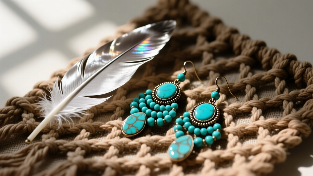 Overhead flat lay of silver feather and turquoise boho earrings resting on a woven macrame textile in soft natural window light
