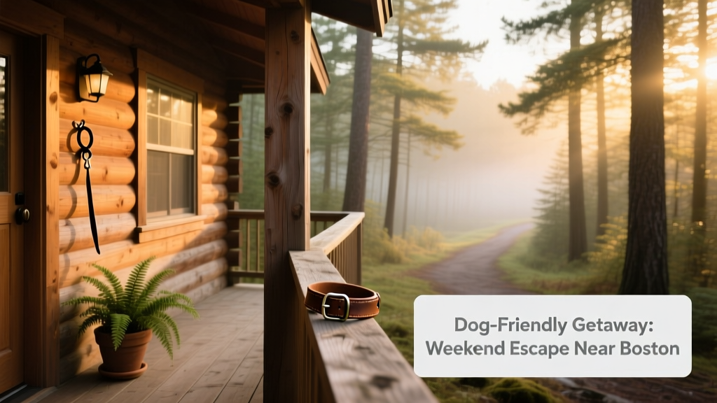 Cozy tiny cabin nestled among pine trees with a wooden deck and dog leash hook visible