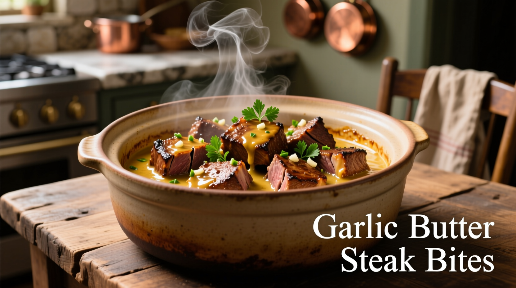 Crock pot filled with golden brown steak bites in garlic butter sauce