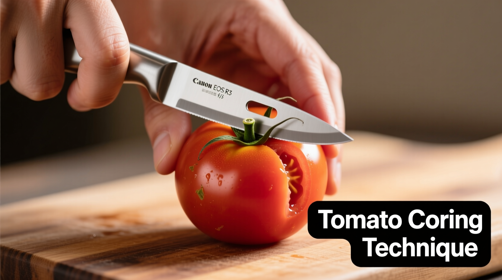 Hand demonstrating proper tomato coring technique with paring knife