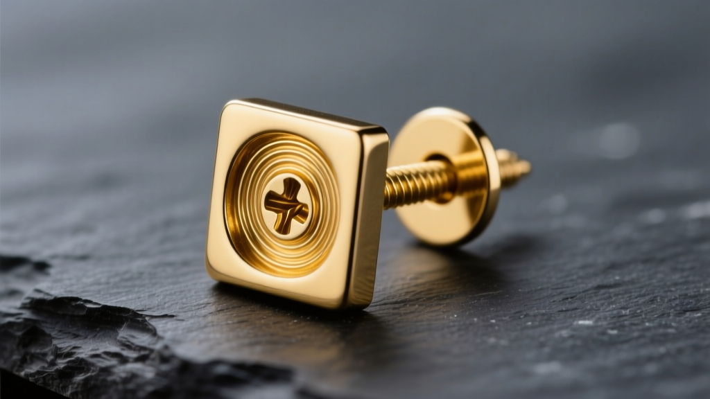 Macro photo of a 14k yellow gold square stud earring with a threaded screw back on dark slate, focusing on post threading.