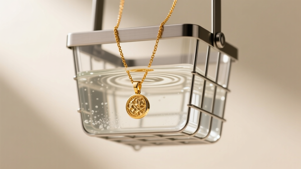 Ultrasonic jewelry cleaner basket holding a gold-plated cigarette necklace submerged in a gentle degreasing cleaning solution