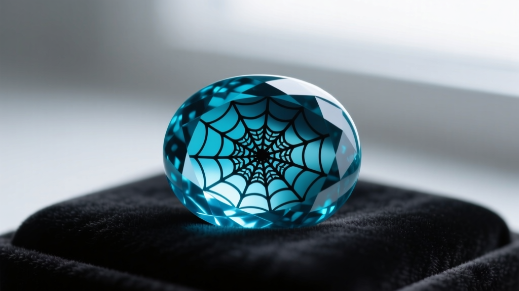 Macro photo of a raw turquoise cabochon showing deep blue color with intricate black spiderweb matrix patterns on a velvet pad.