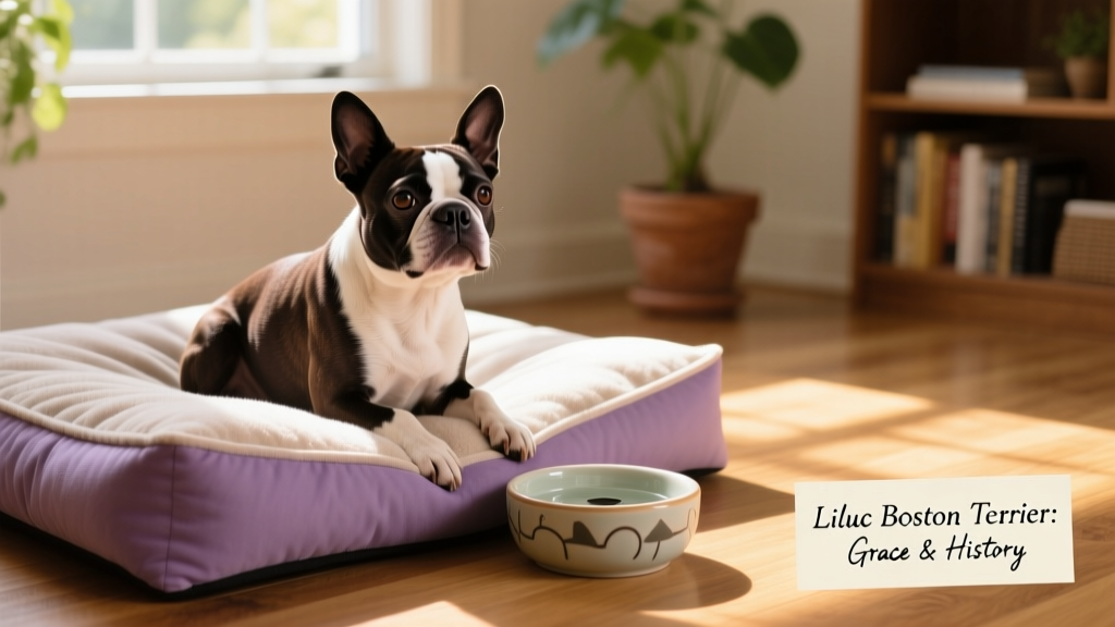 Lilac Boston Terrier sitting calmly beside a pet-friendly water bowl and soft orthopedic bed, illustrating ideal home setup