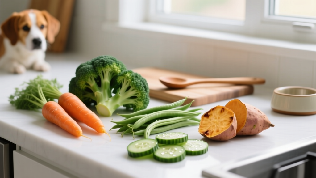A variety of fresh dog-safe vegetables arranged on a clean kitchen counter: carrots, broccoli florets, green beans, cucumber slices, and sweet potato wedges