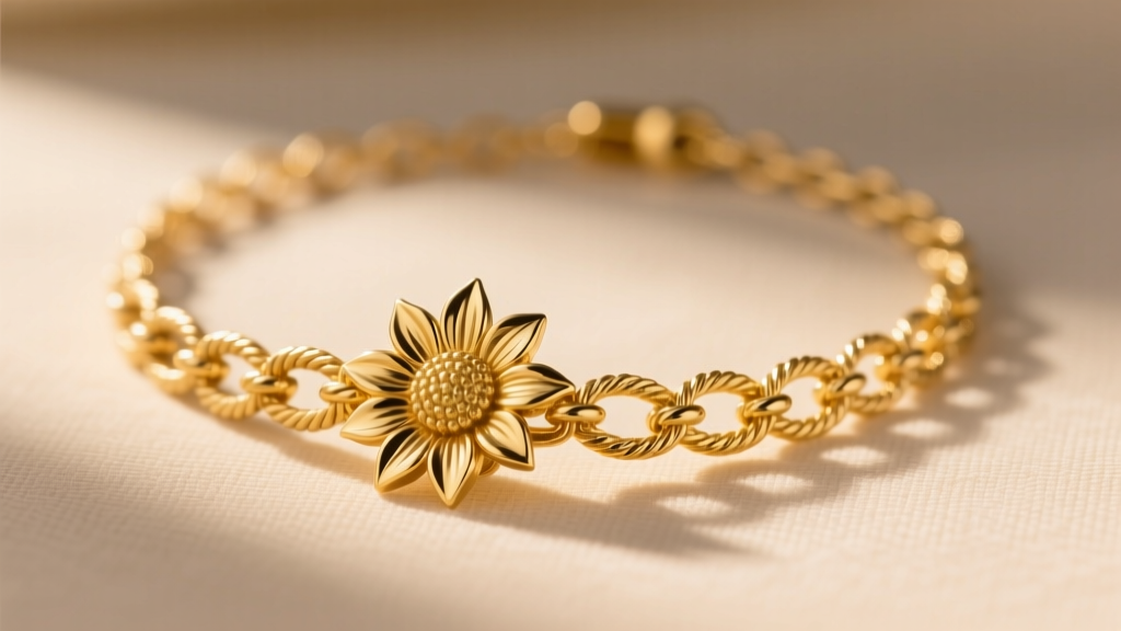 14k yellow gold James Avery sunflower necklace in warm sunlight, showing high-polish finish and detailed rope chain links