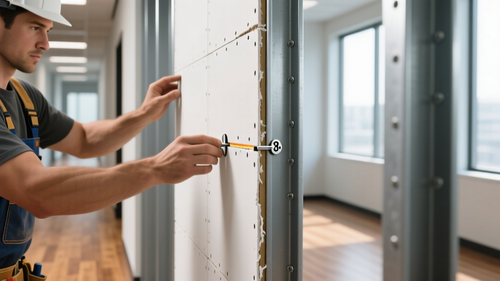 Close-up of a contractor installing 5/8-inch Type X fire-rated gypsum board on steel wall studs in a commercial corridor, with exposed joint seams.