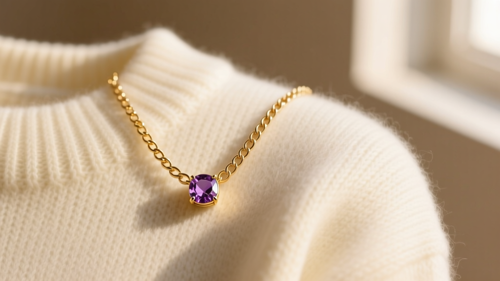 Delicate 14k gold rolo chain with a small bezel-set birthstone pendant on a cream sweater, warm natural lighting