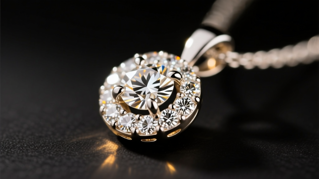 Macro shot of a pave diamond disc pendant in white gold, showing intricate prong settings and melee diamonds catching warm light.