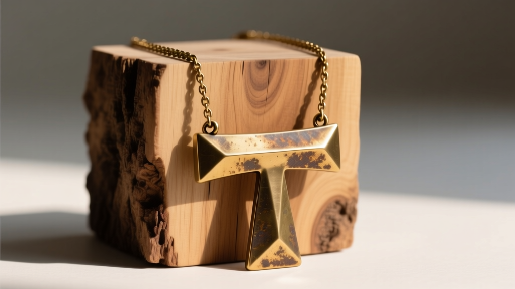 Brass chunky toggle necklace draped over raw wood block, showcasing a warm, unpolished vintage patina and thick geometric T-bar.