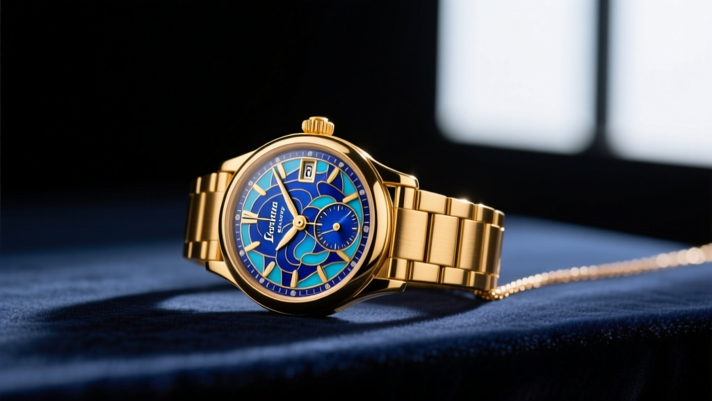 Vintage 14k gold Lucerne necklace watch with intricate blue guilloché enamel, resting on dark velvet under soft studio lighting.