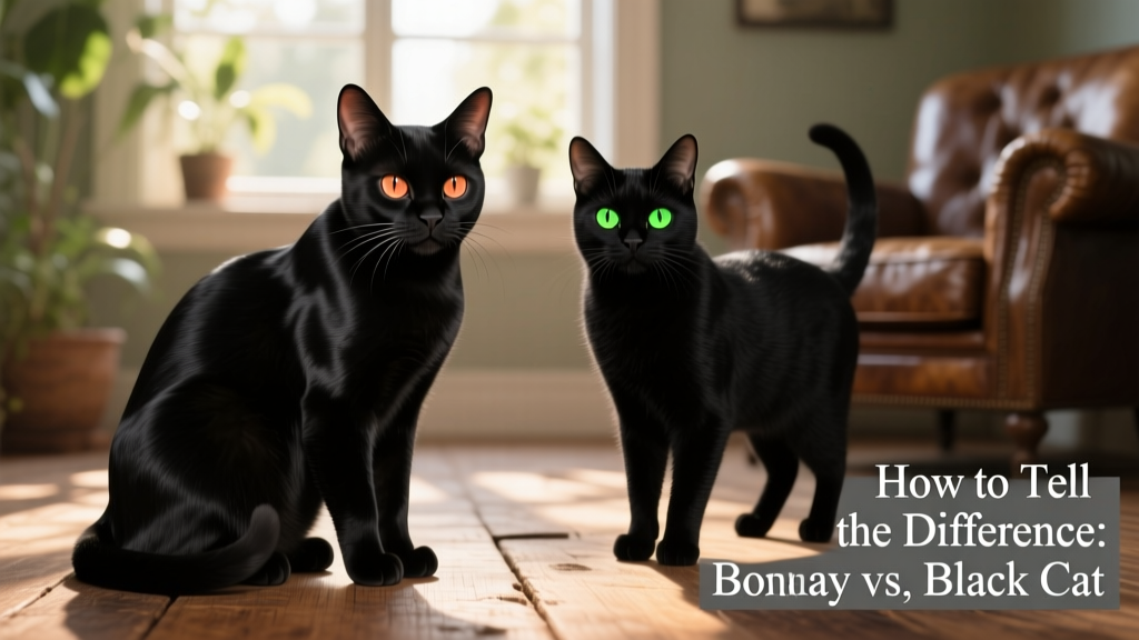 Side-by-side comparison showing a glossy Bombay cat with copper eyes next to a mixed-breed black cat with green eyes