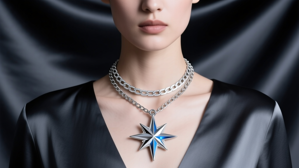 Model wearing a layered star silver necklace stack with a 3D compass star pendant on a box chain against a dark silk background.
