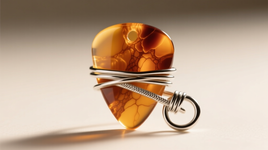 Macro shot of an acrylic guitar pick wrapped in a silver wire bail, showing amber hues and wire texture under warm light.