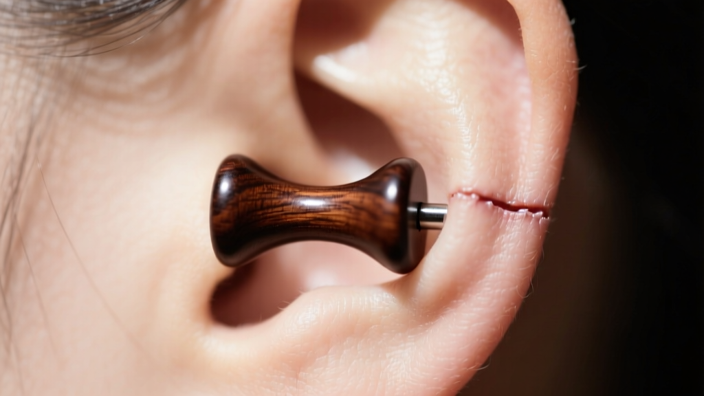 Macro photography of a healthy, healed stretched earlobe wearing a smooth, dark wood double-flared plug with clean skin edges.