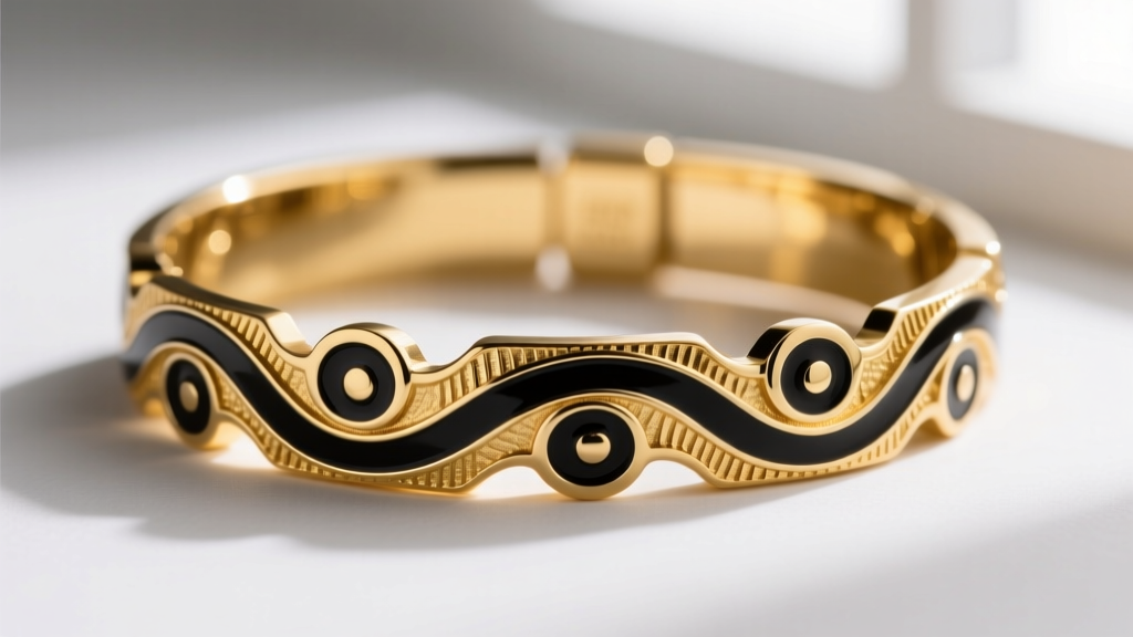 Macro shot of a gold bracelet showing deep edges of hand-cut black enamel scrollwork beside shallow machine-routed enamel lines.