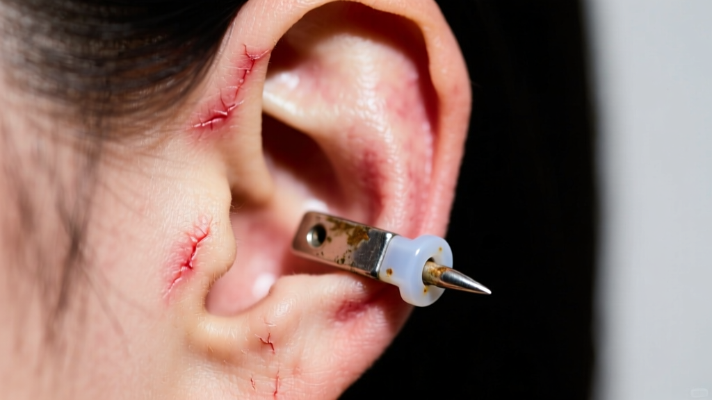 Close-up of an irritated earlobe from a cheap earring, examined under bright clinical lighting with a magnifying lens