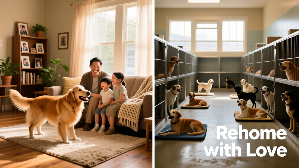 Side-by-side comparison: a warm, well-lit living room scene showing a happy dog with its new family versus a crowded shelter kennel