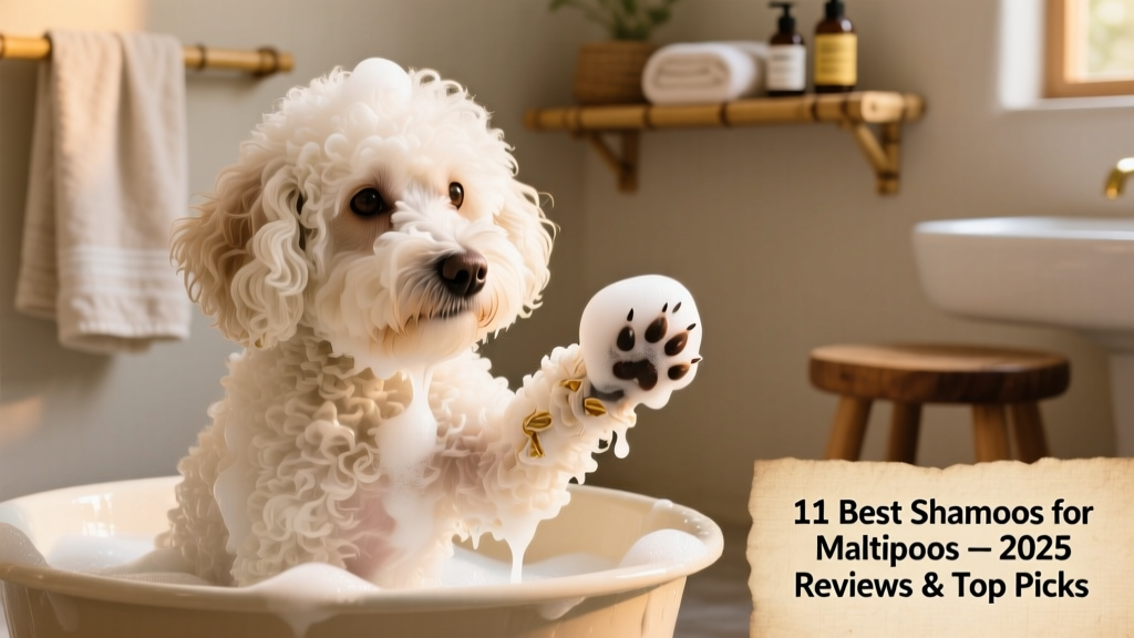 Close-up of a Maltipoo being gently bathed with a foaming oatmeal-based shampoo