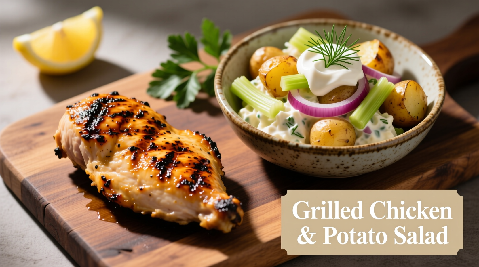 Grilled chicken and potato salad meal arrangement