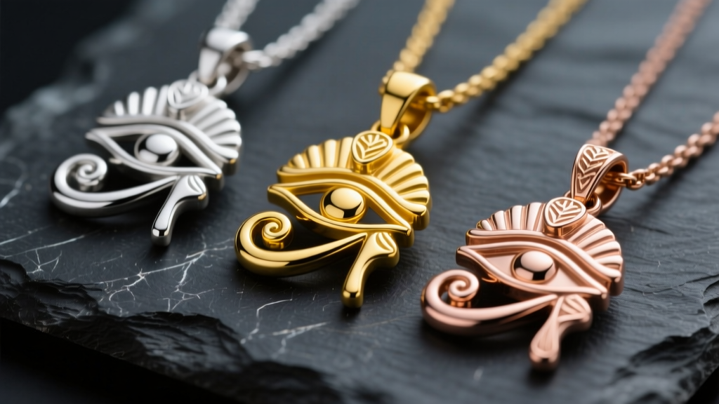 Macro shot of three Eye of Horus pendants in sterling silver, 14k yellow gold, and rose gold vermeil resting on dark slate