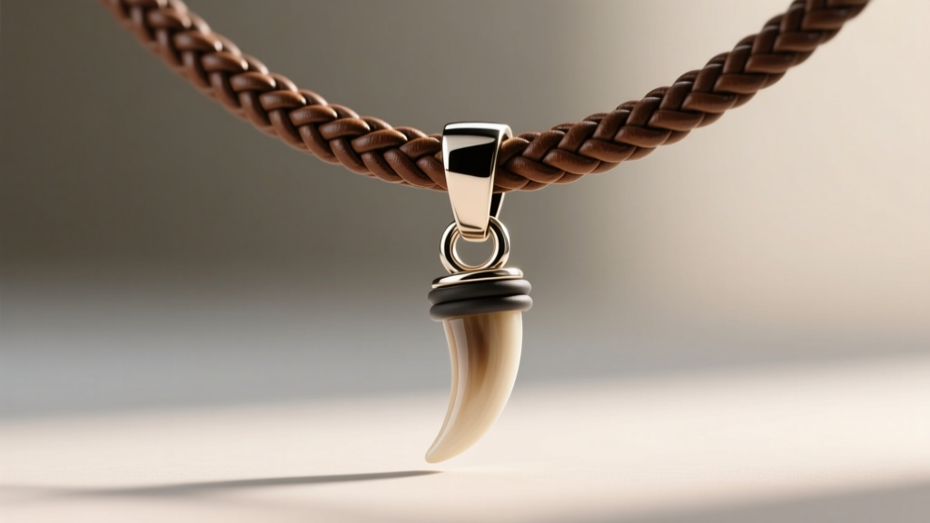 Hogs tooth necklace on a thick braided leather cord, highlighting the protective rubber O-ring buffer at the metal bail junction