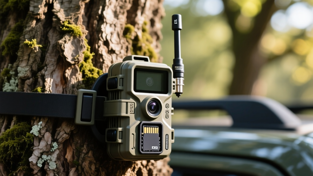 Close-up of a Tactacam Reveal X Pro cellular trail camera strapped to an oak tree showing the LTE antenna and SD card slot
