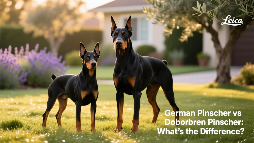 A German Pinscher and Doberman Pinscher standing side by side on grass, highlighting their proportional differences and expressive, attentive stances