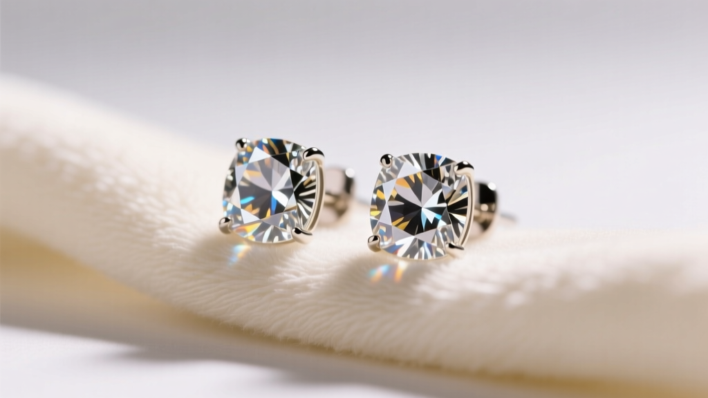 Close-up of sparkling cubic zirconia stud earrings resting on a soft microfiber cloth, illuminated by warm, diffused studio lighting.