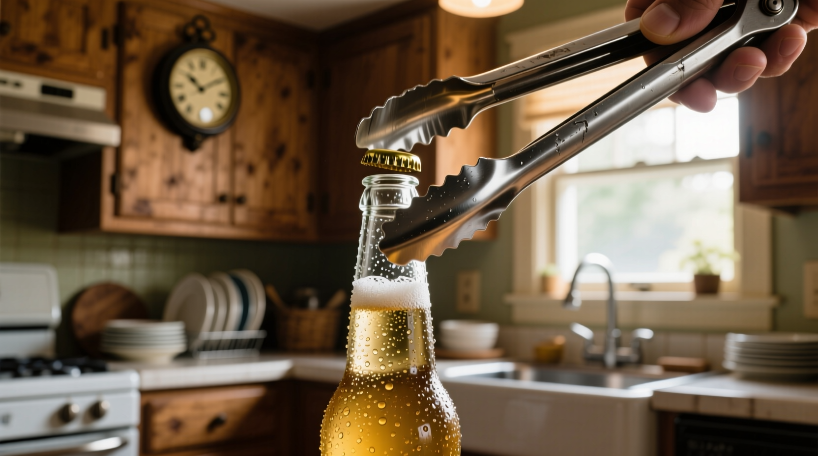 use kitchen tongs to open a beer bottle in a pinch
